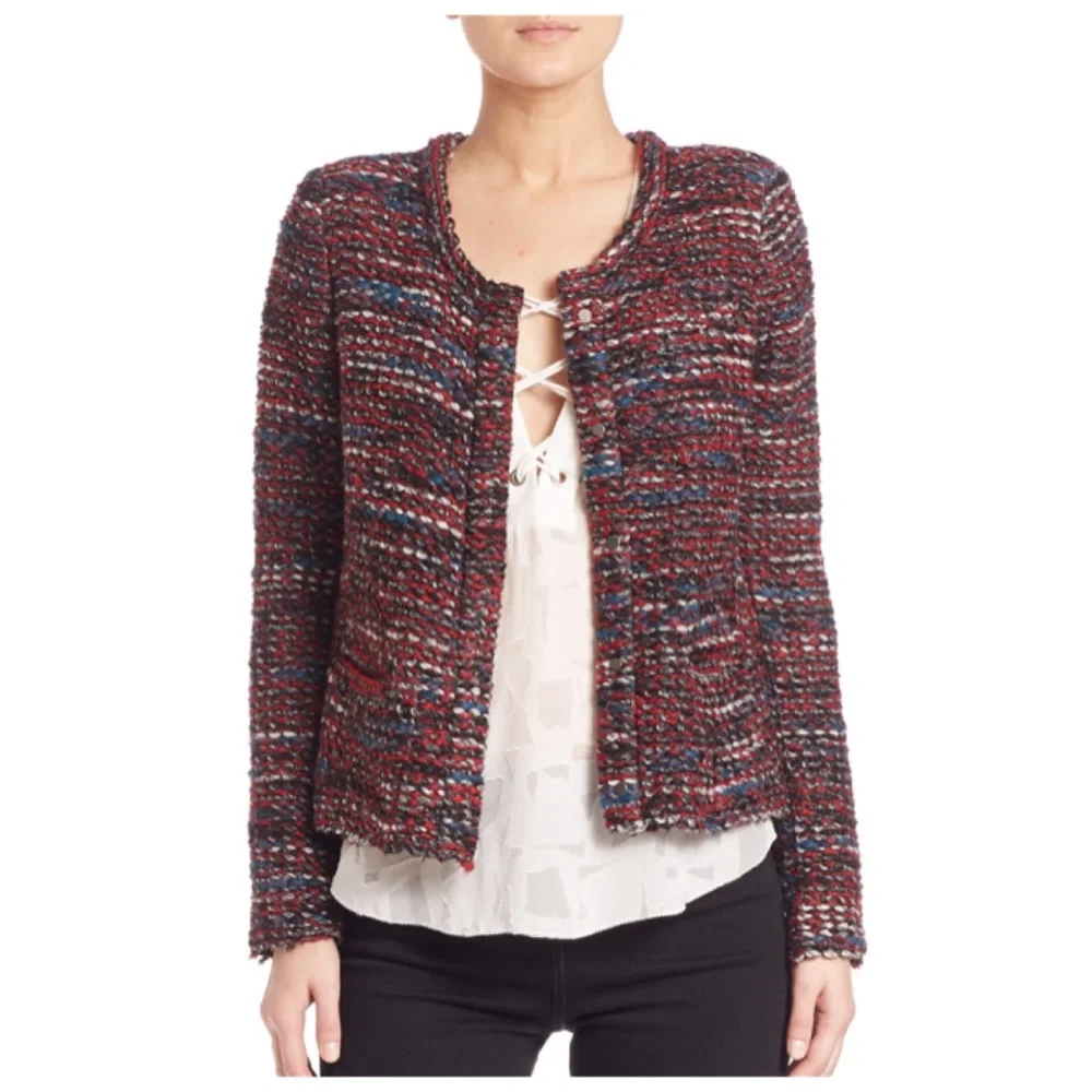 NWT IRO Carene Tweed Jacket Knit Knotted Boucle Red Black Wool Blend Size 40/L - Picture 2 of 14